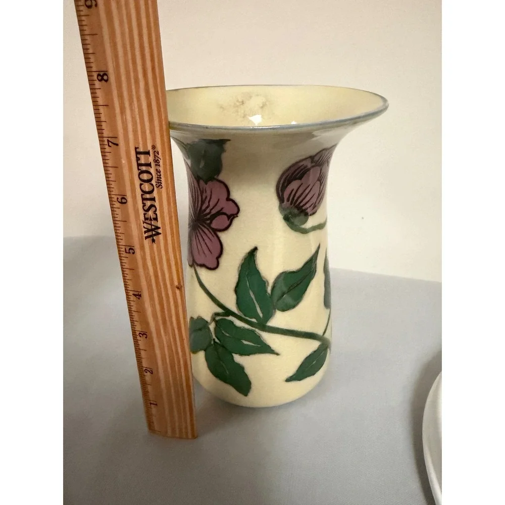 Vintage Hand-Painted Floral Vase Cream Pink Purple Glaze 7.5